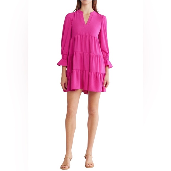 Eliza J Vibrant Hot Pink Long Sleeve Tiered Dress NWT 8 - Picture 2 of 10